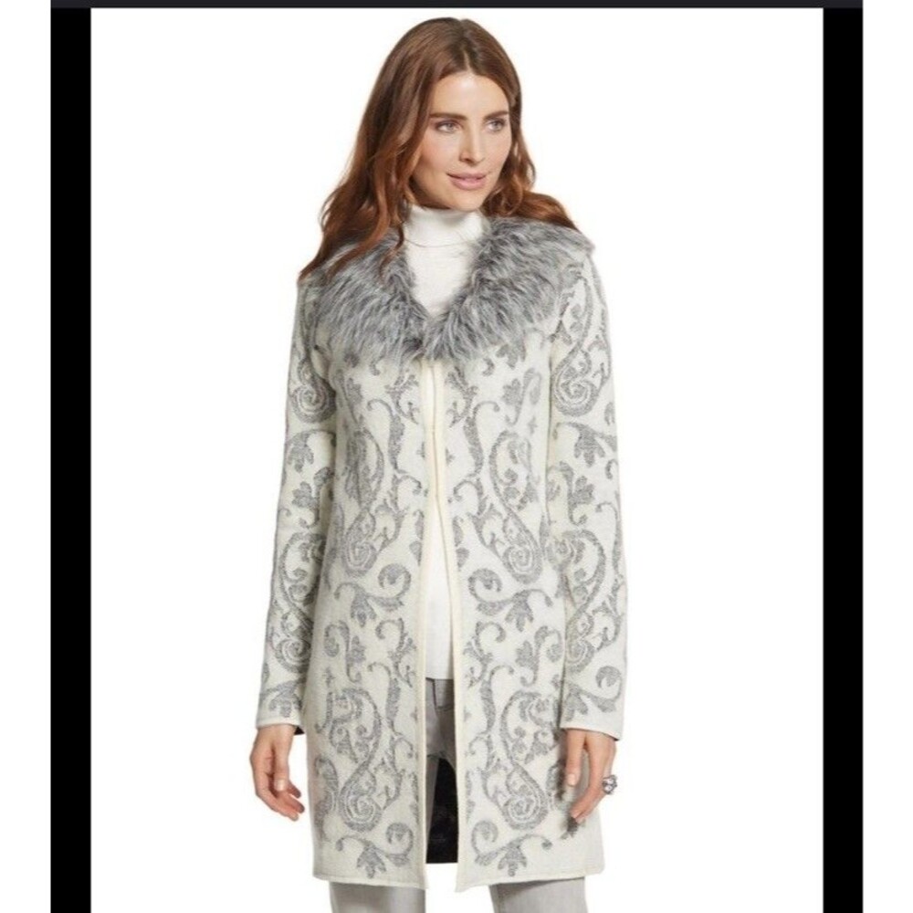 Chicos White Icy Fur Elsa Knit Cardigan Sweater Women’s Size 1 Medium 8